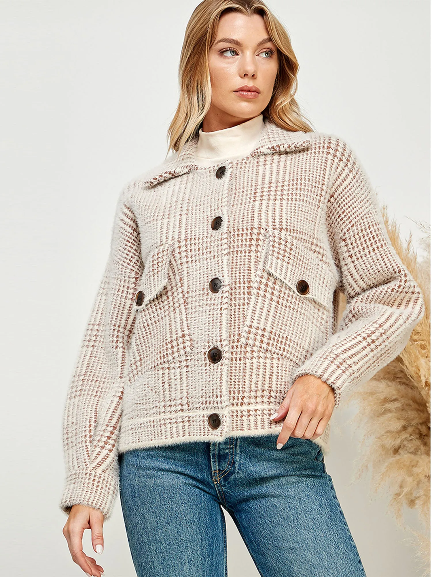 Long Sleeve Fuzzy Plaid Button Front Sweater Jacket