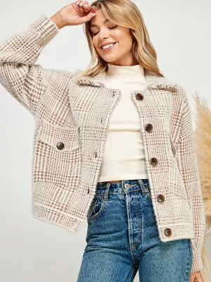 Long Sleeve Fuzzy Plaid Button Front Sweater Jacket