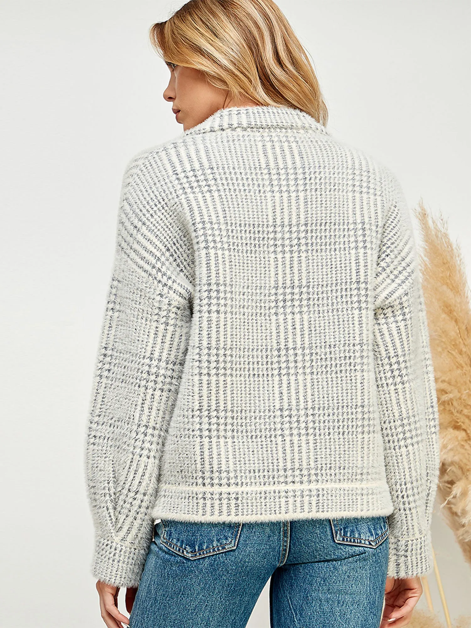 Long Sleeve Fuzzy Plaid Button Front Sweater Jacket