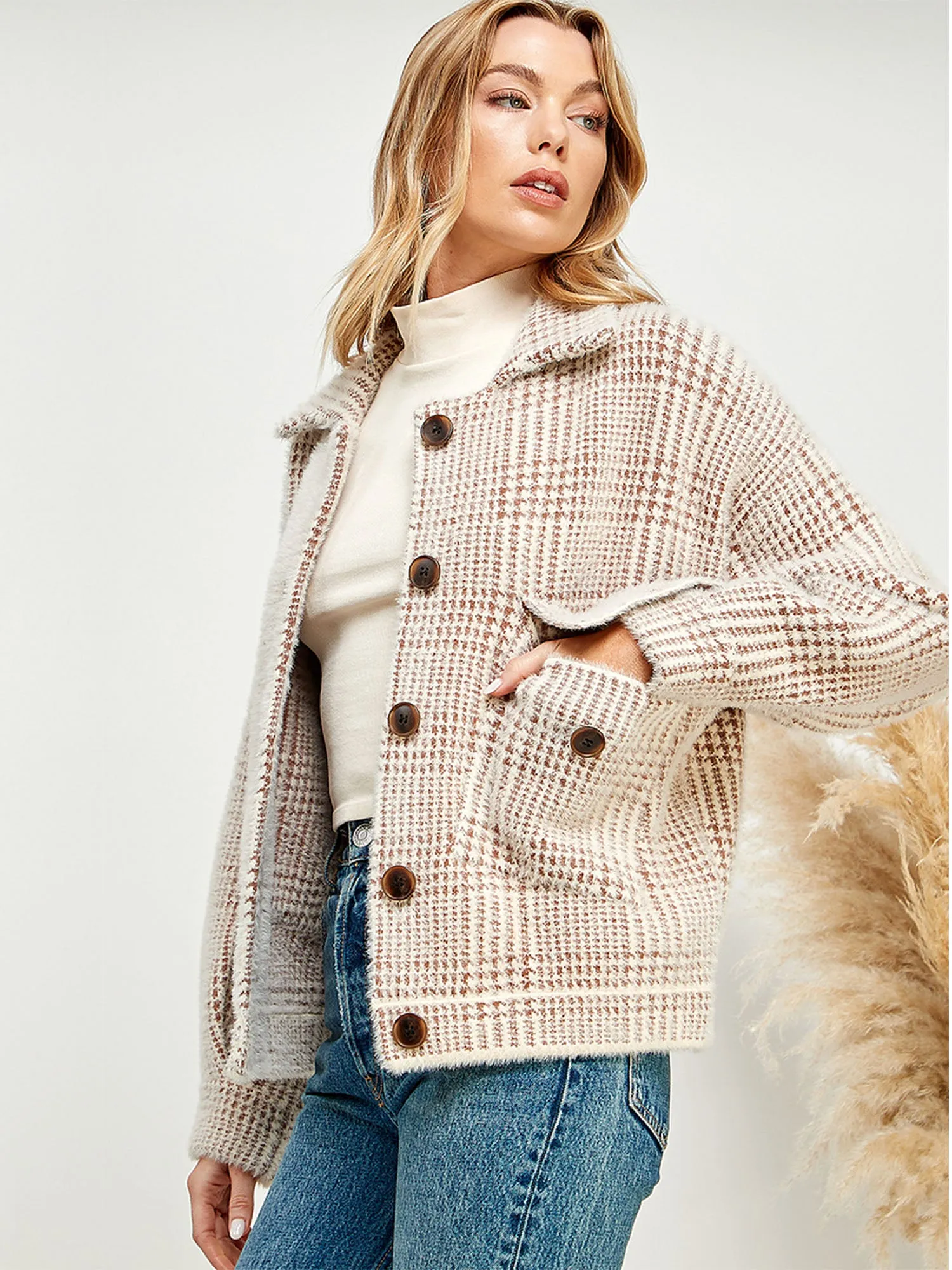 Long Sleeve Fuzzy Plaid Button Front Sweater Jacket