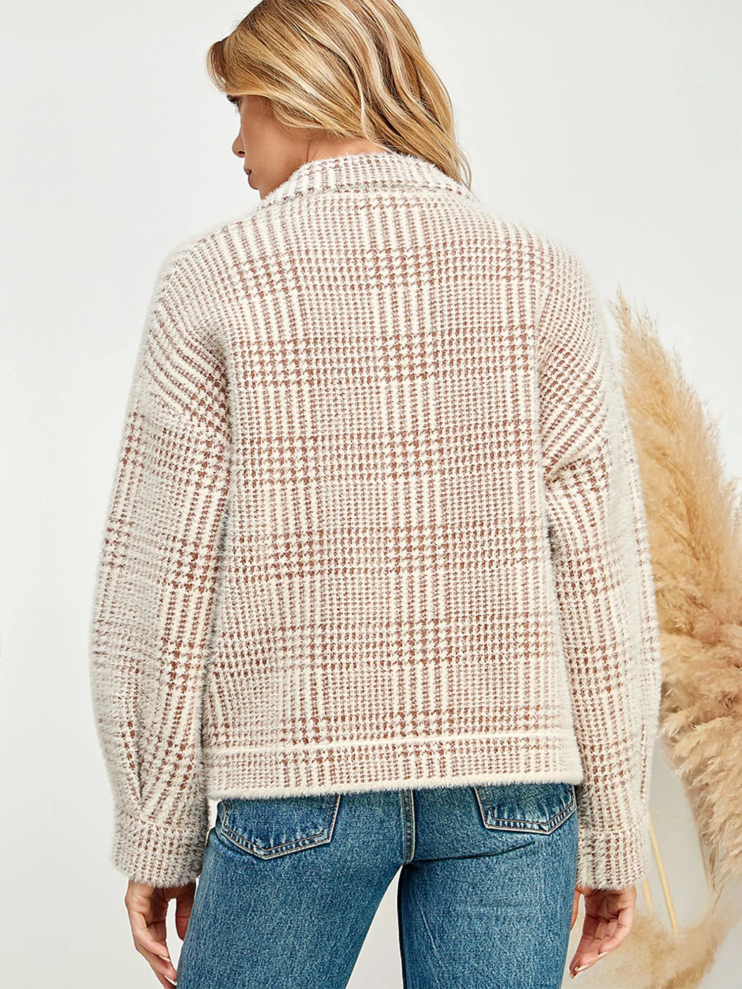 Long Sleeve Fuzzy Plaid Button Front Sweater Jacket