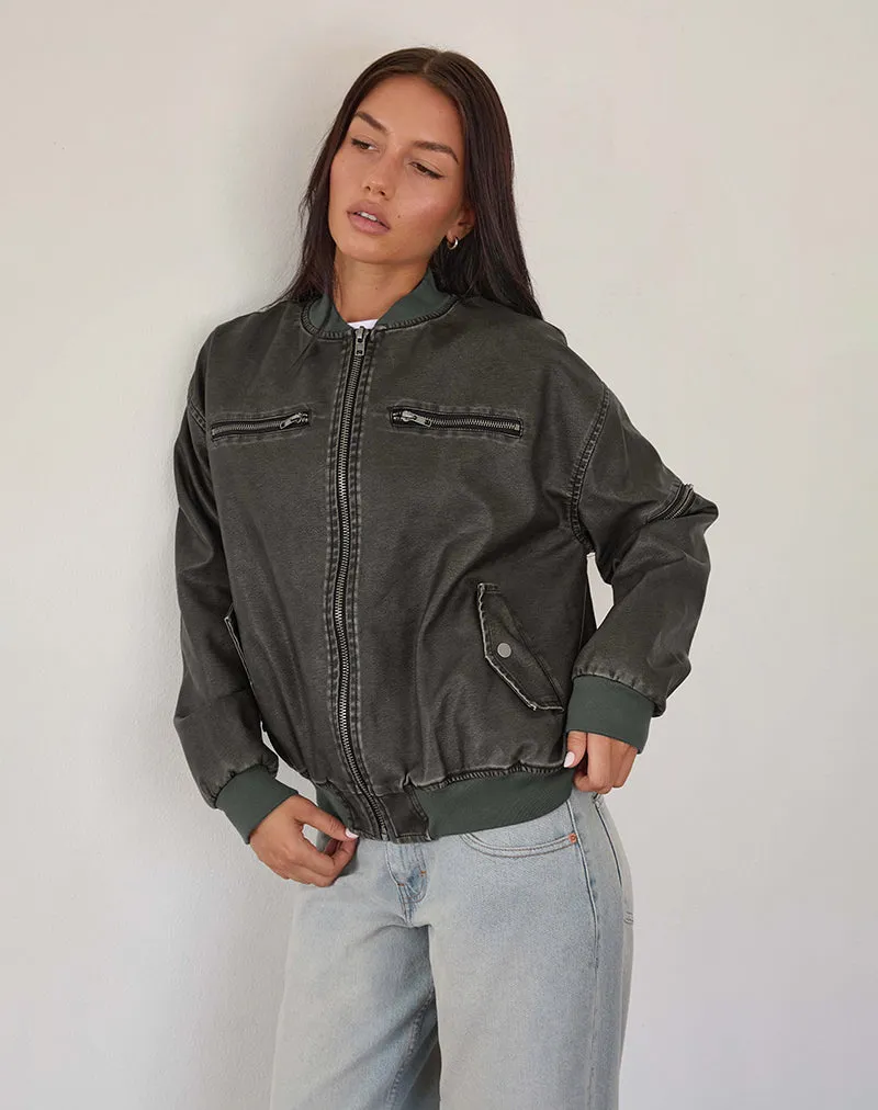 Marco Distressed Bomber Jacket in PU Charcoal