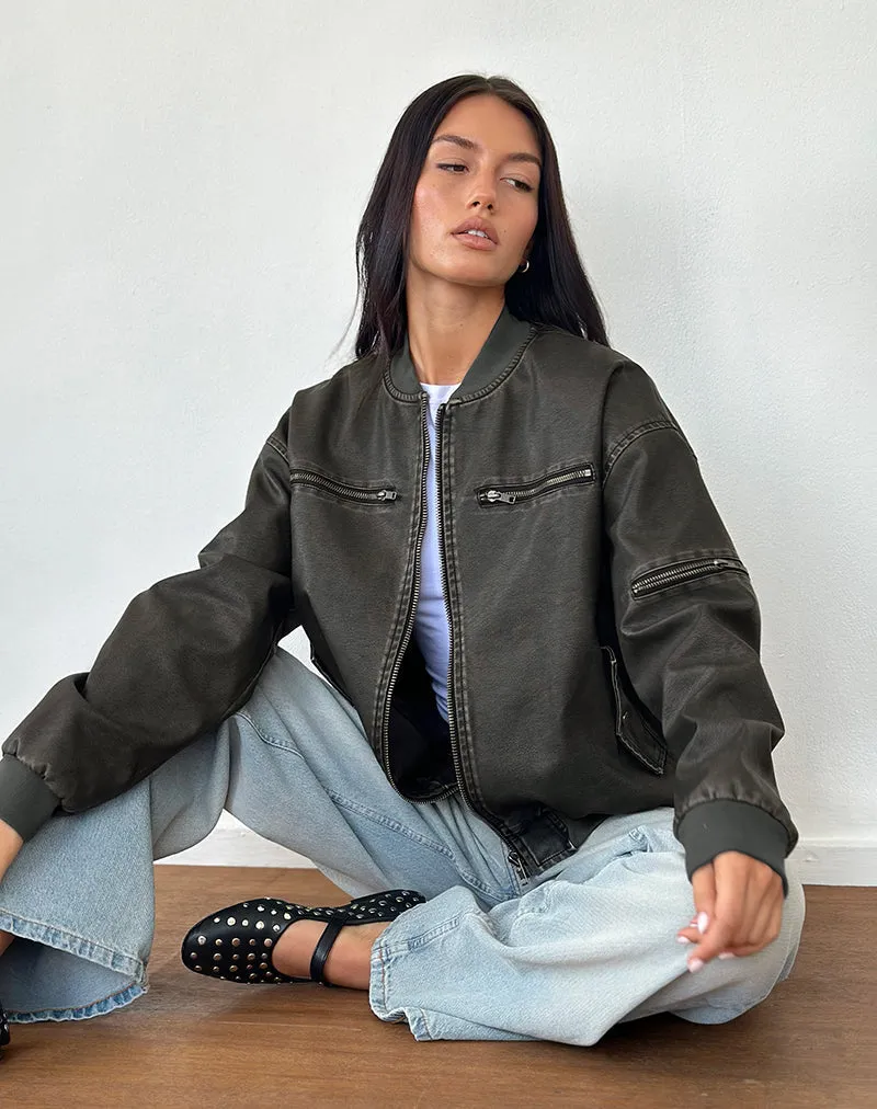 Marco Distressed Bomber Jacket in PU Charcoal