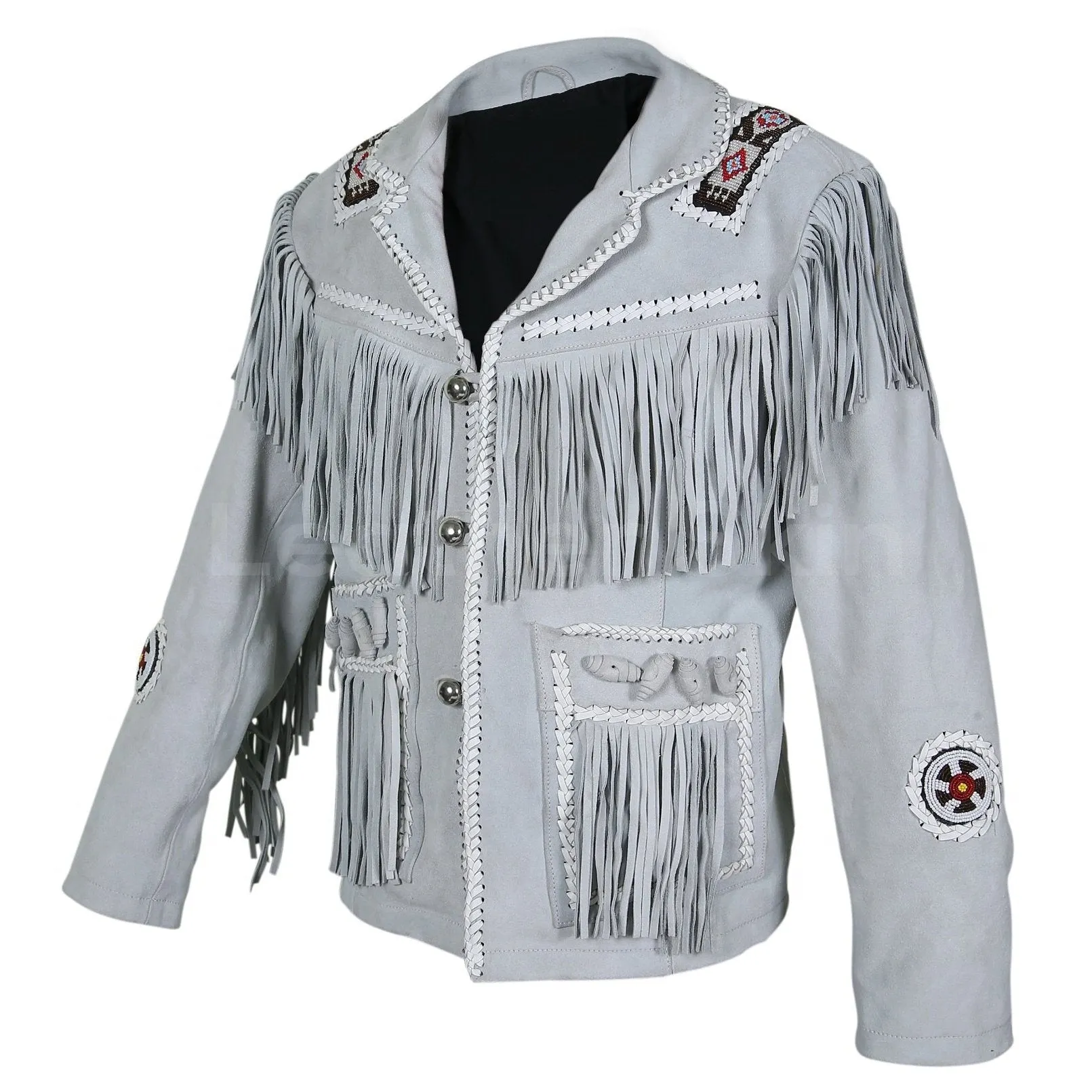 Men White Western Style Fringes Cowboy Suede Leather Jacket