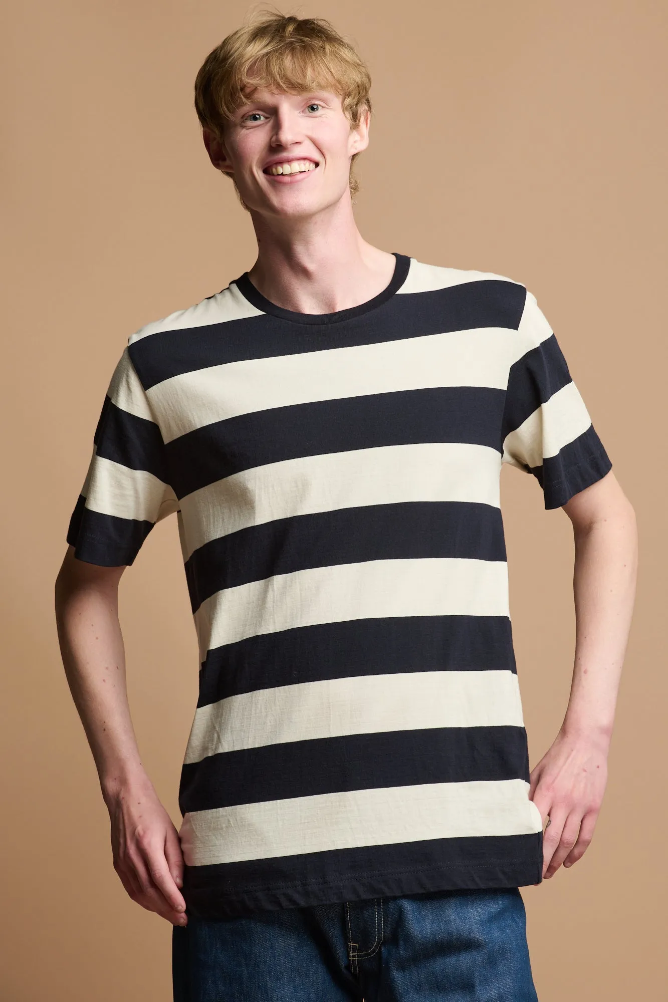 Men's Wide Stripe Short Sleeve T Shirt - Navy/Ecru