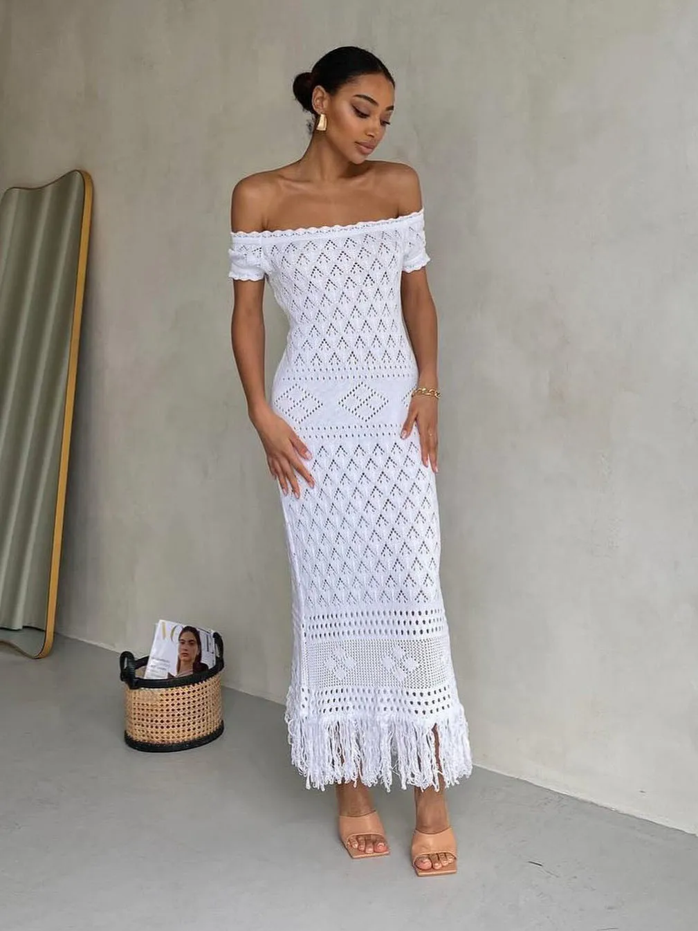 One-shoulder Hollow Tassel Bohemian Dress