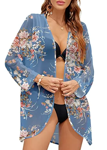 PCEAIIH Women's Floral Kimono Cardigans Chiffon Casual Loose Open Front Cover Ups Tops