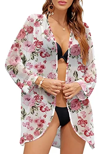 PCEAIIH Women's Floral Kimono Cardigans Chiffon Casual Loose Open Front Cover Ups Tops