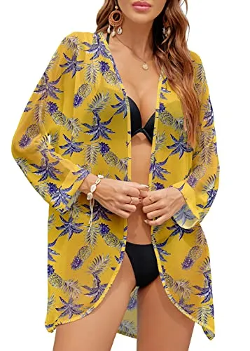 PCEAIIH Women's Floral Kimono Cardigans Chiffon Casual Loose Open Front Cover Ups Tops