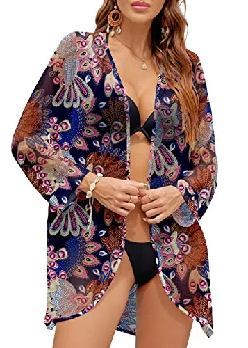 PCEAIIH Women's Floral Kimono Cardigans Chiffon Casual Loose Open Front Cover Ups Tops