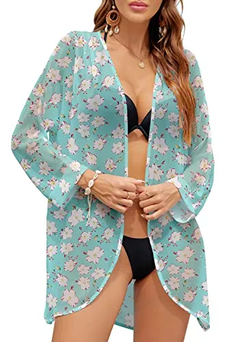 PCEAIIH Women's Floral Kimono Cardigans Chiffon Casual Loose Open Front Cover Ups Tops