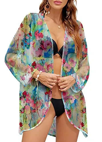 PCEAIIH Women's Floral Kimono Cardigans Chiffon Casual Loose Open Front Cover Ups Tops