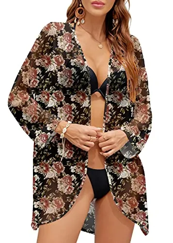 PCEAIIH Women's Floral Kimono Cardigans Chiffon Casual Loose Open Front Cover Ups Tops