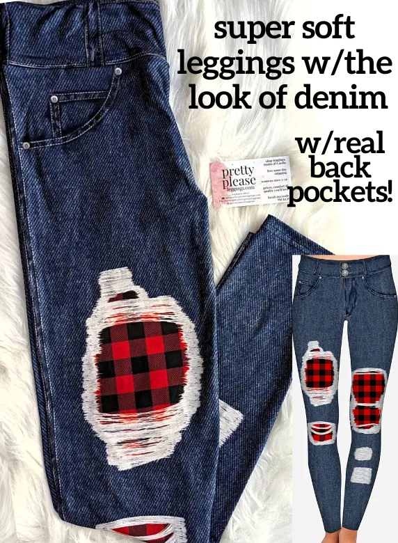 PeekaBoo Buffalo Plaid DENIM LOOK Super SOFT LEGGINGS OS TC Plus Jeggings rts