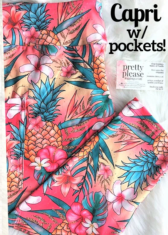 Pineapples in the Floral Palms Capri Super SOFT Leggings Tropical OS TC Plus rts