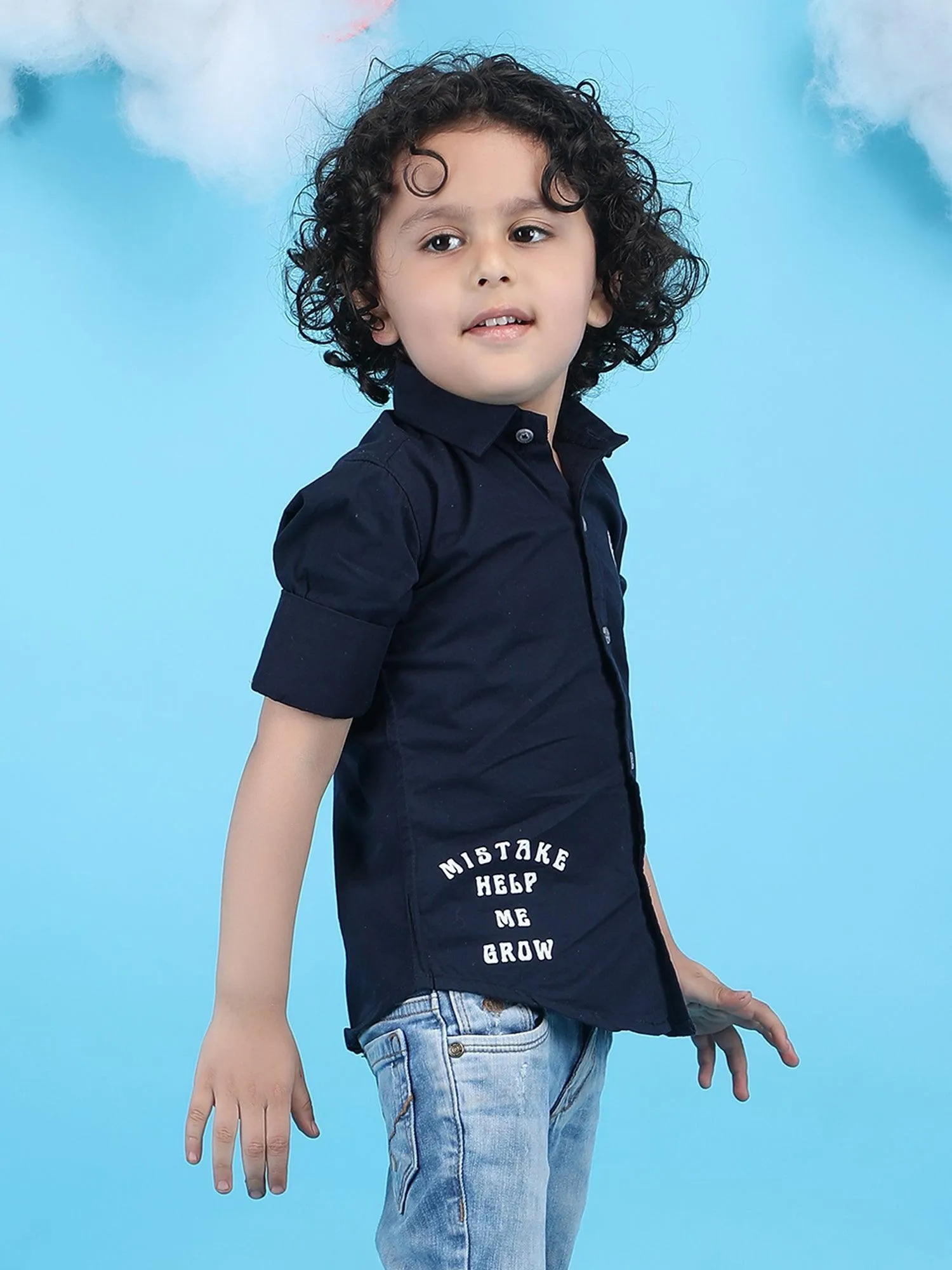 Polka Tots Full sleeve Little Man print shirt - Navy Blue