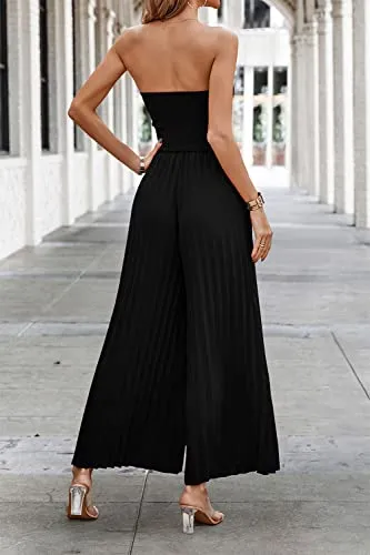 PRETTYGARDEN Women's Summer 2023 Sleeveless Jumpsuit Elegant Sweetheart Neck Pleated Wide Leg Pants Rompers (Black,XX-Large)