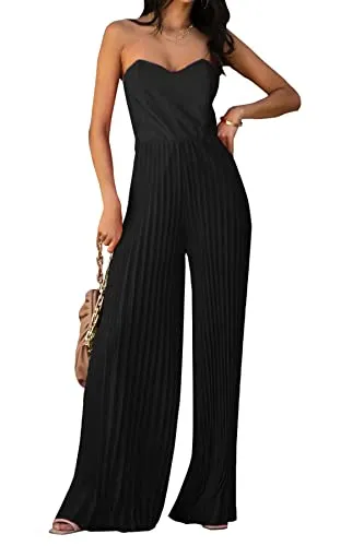 PRETTYGARDEN Women's Summer 2023 Sleeveless Jumpsuit Elegant Sweetheart Neck Pleated Wide Leg Pants Rompers (Black,XX-Large)