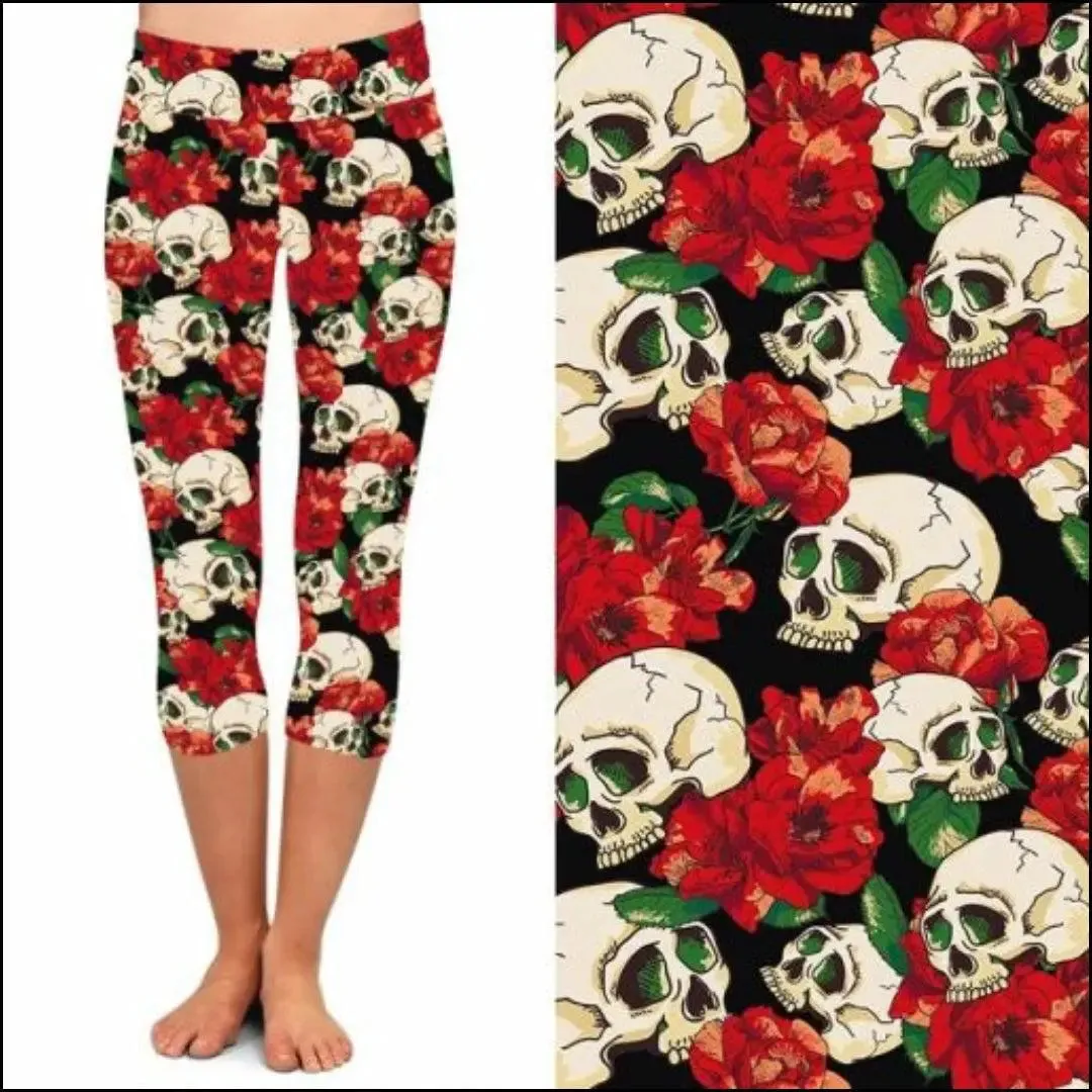 Red Flower Skull Print Leggings & Capris