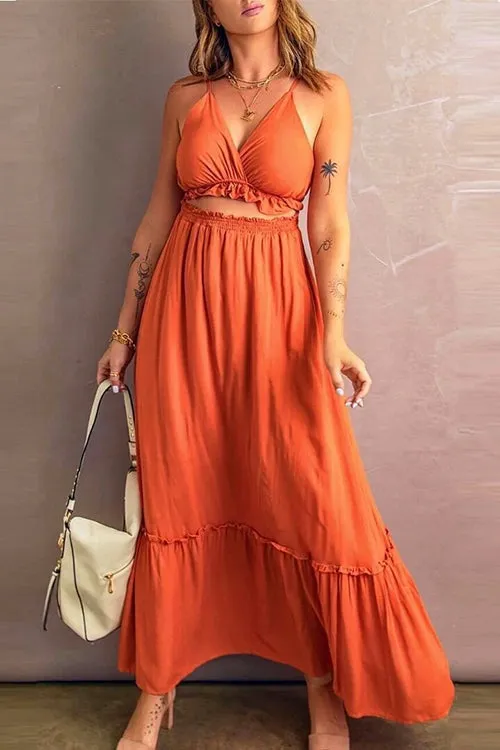 Ruffle Hem Cutout Slip Maxi Dress