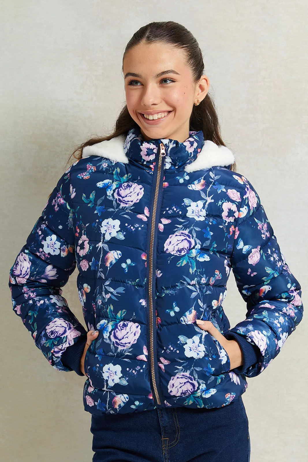 Senior Girls Navy Floral Print Hooded Padded Jacket