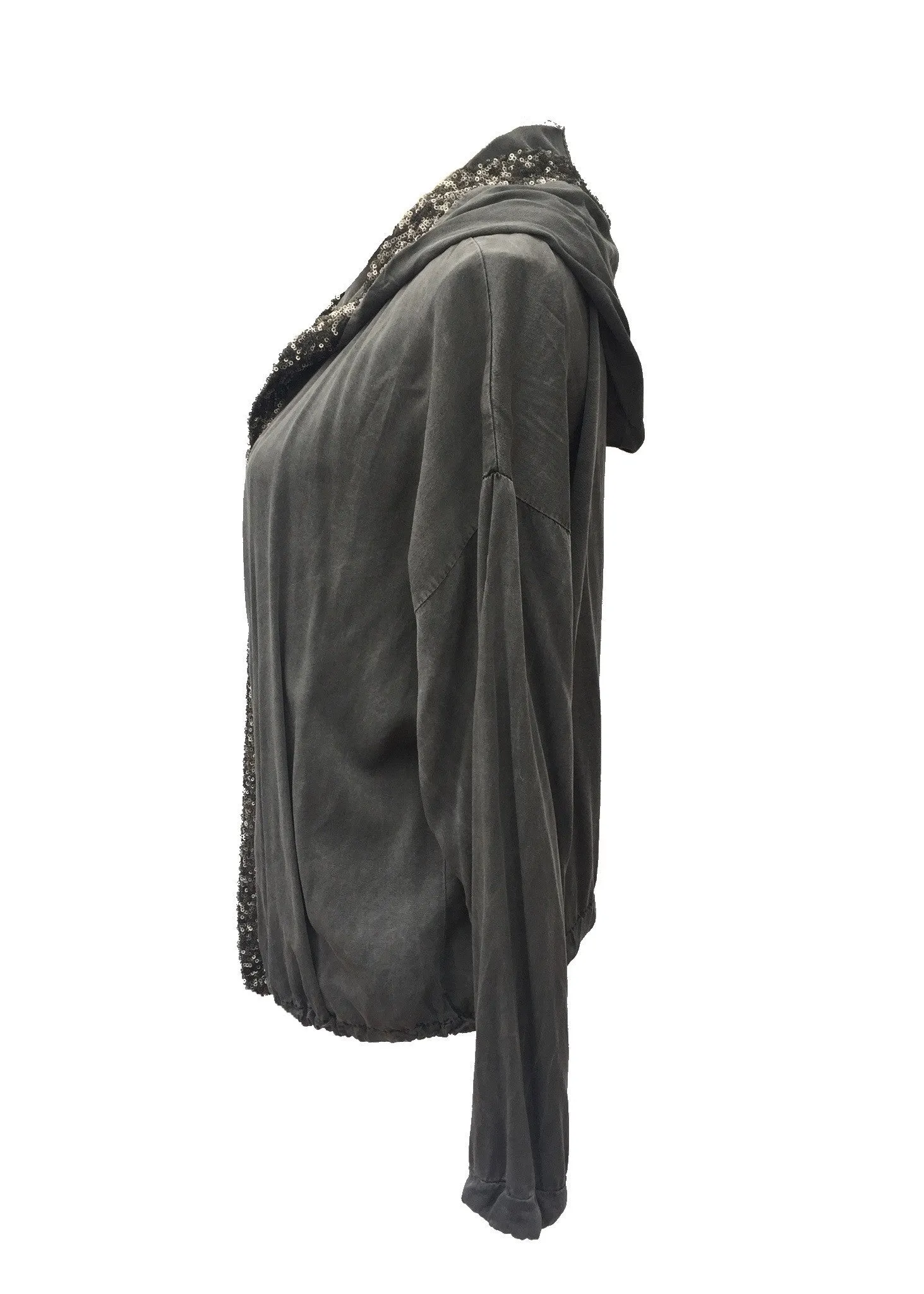 Sequin Hooded Jacket in Washed Grey Made In Italy By Feathers Of Italy One Size