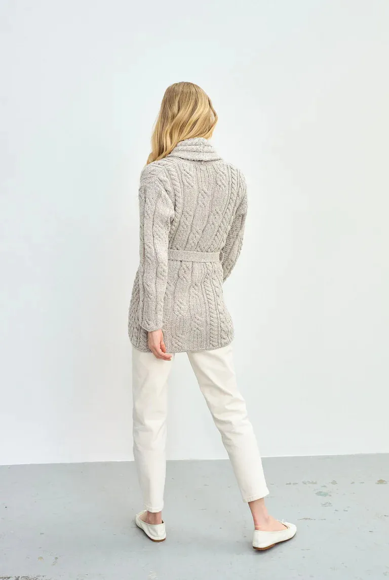 Shawl Neck Aran Belted Cardigan | Oatmeal