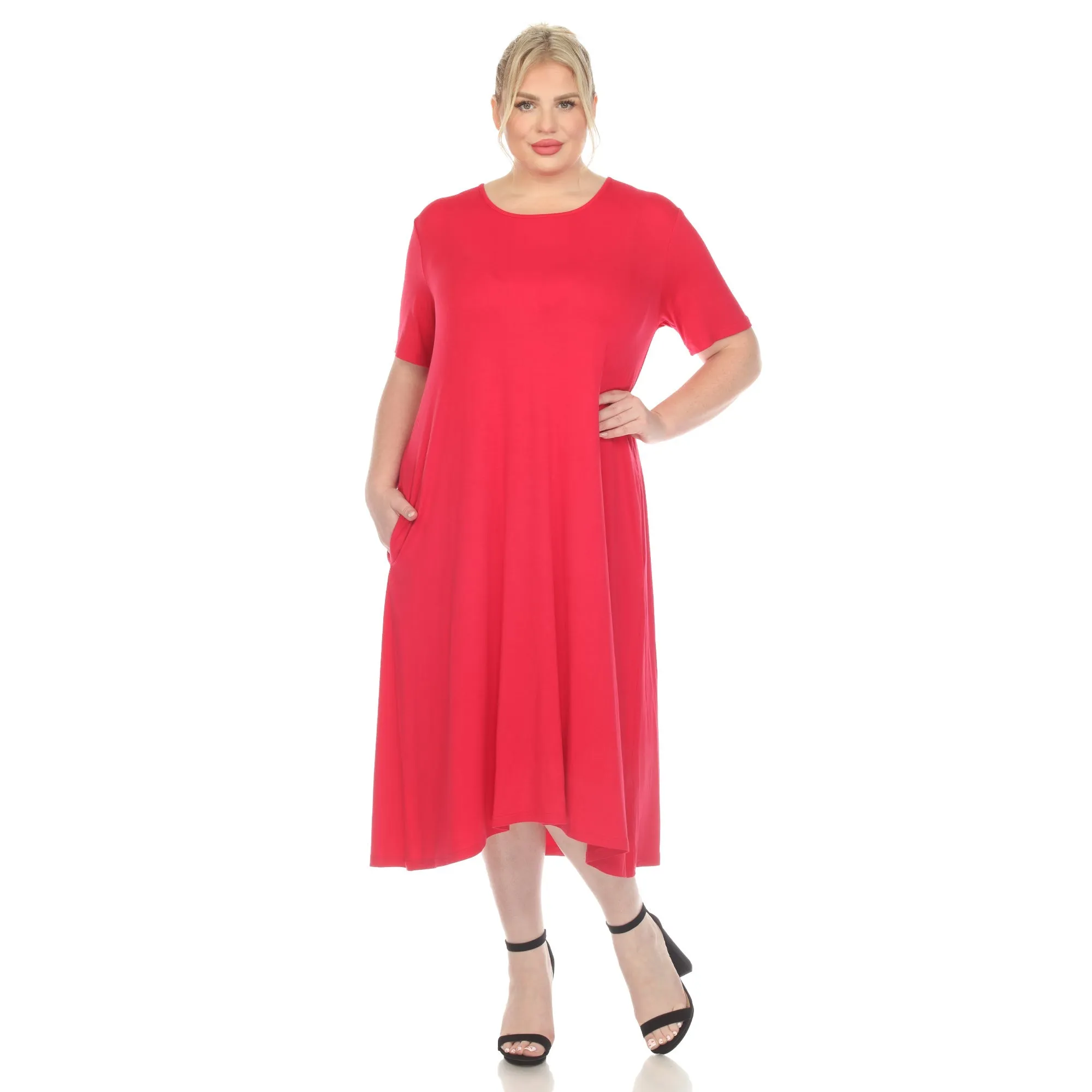 Short Sleeve Pocket Swing Midi Dress - Plus