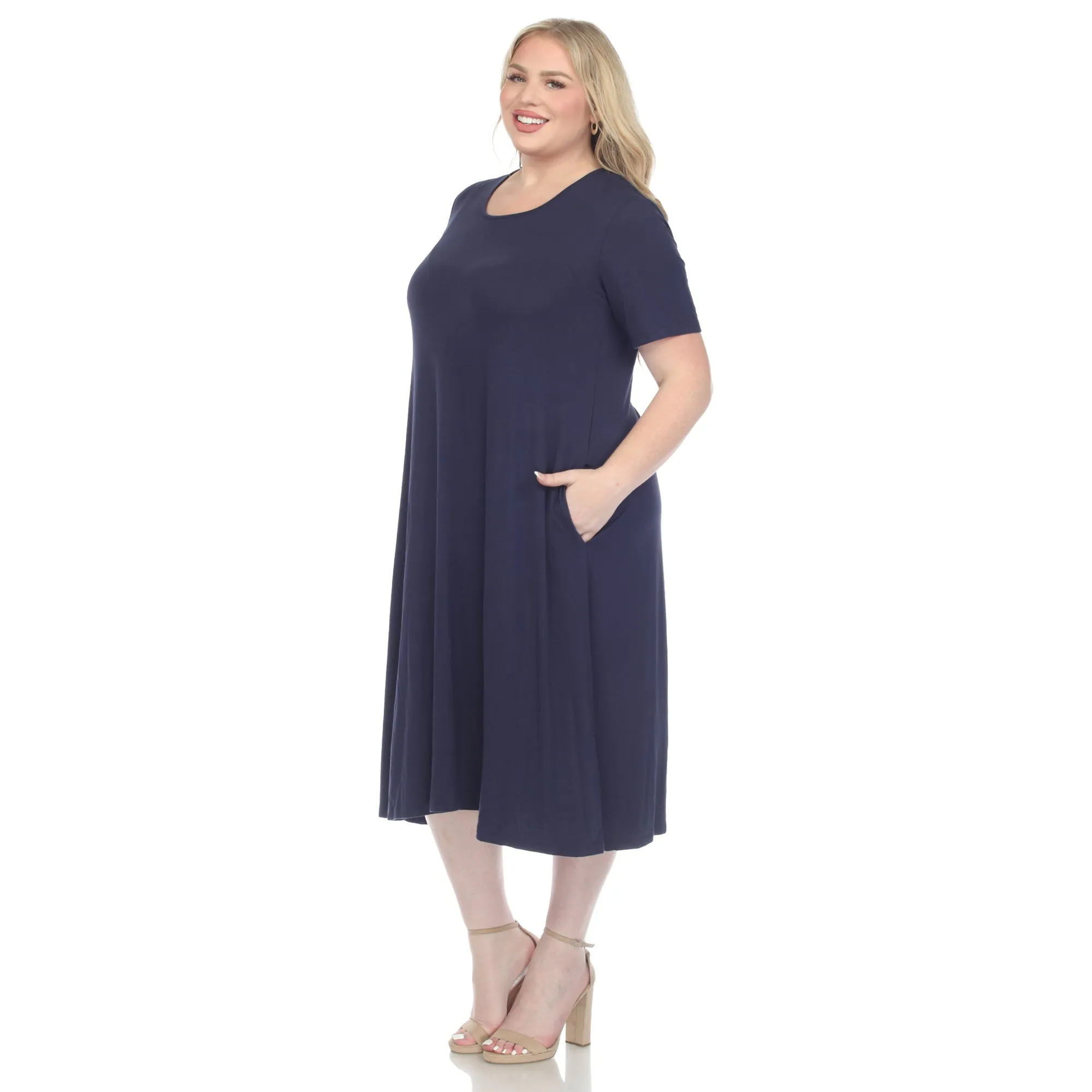 Short Sleeve Pocket Swing Midi Dress - Plus