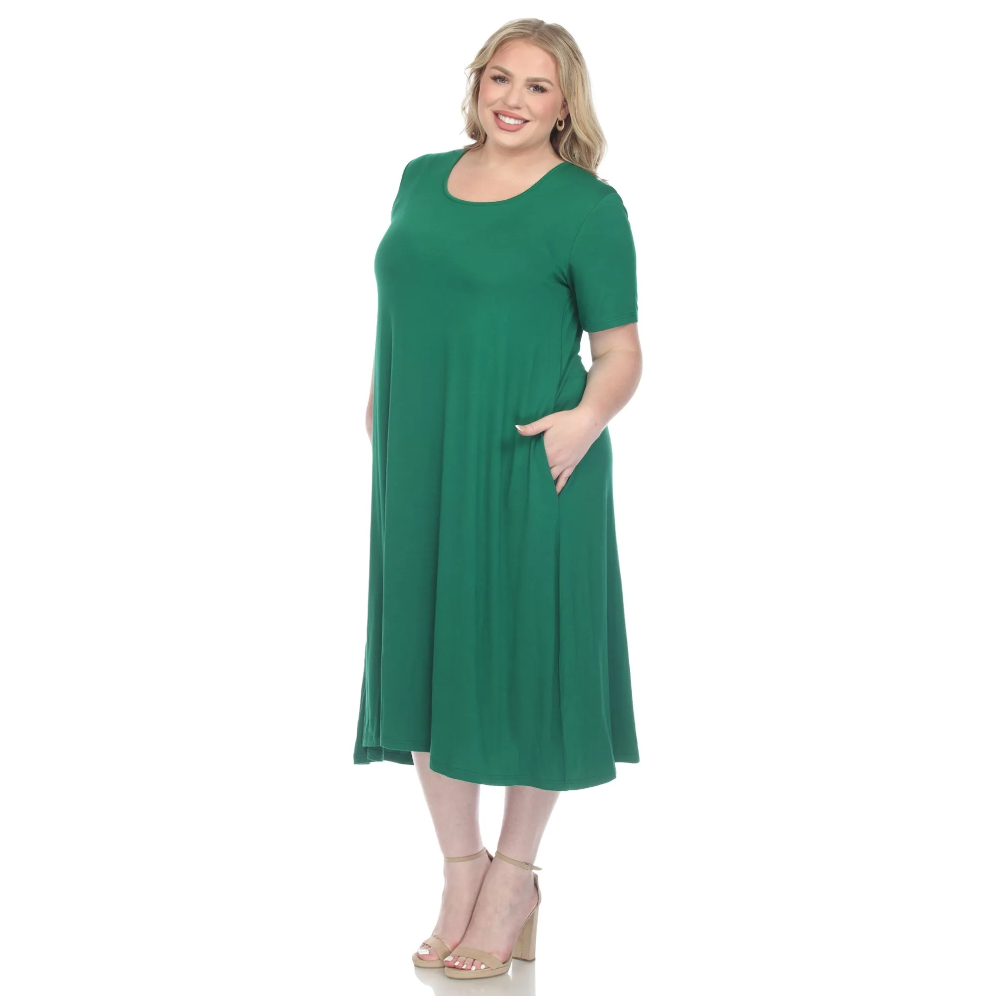 Short Sleeve Pocket Swing Midi Dress - Plus