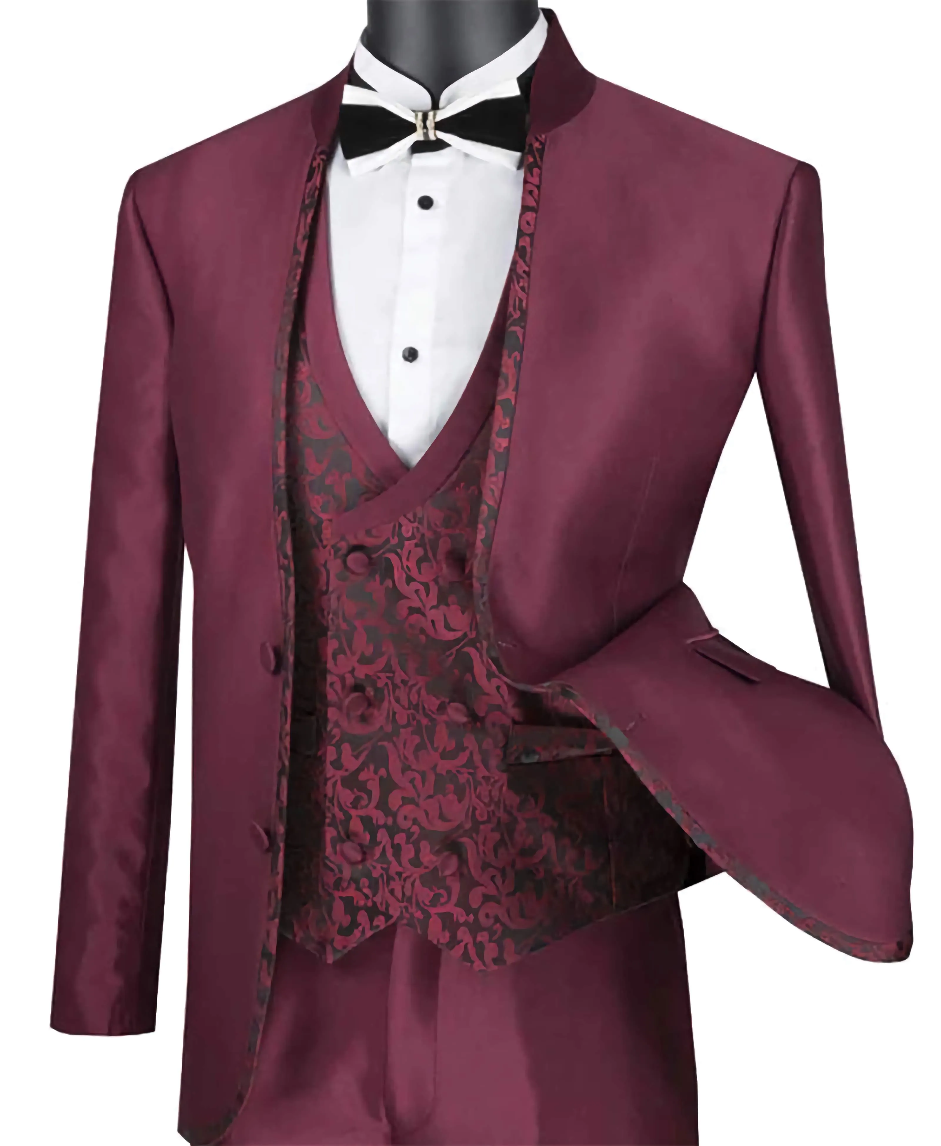 Slim Fit 3 Piece Banded Collar Shiny Sharkskin Suit in Burgundy