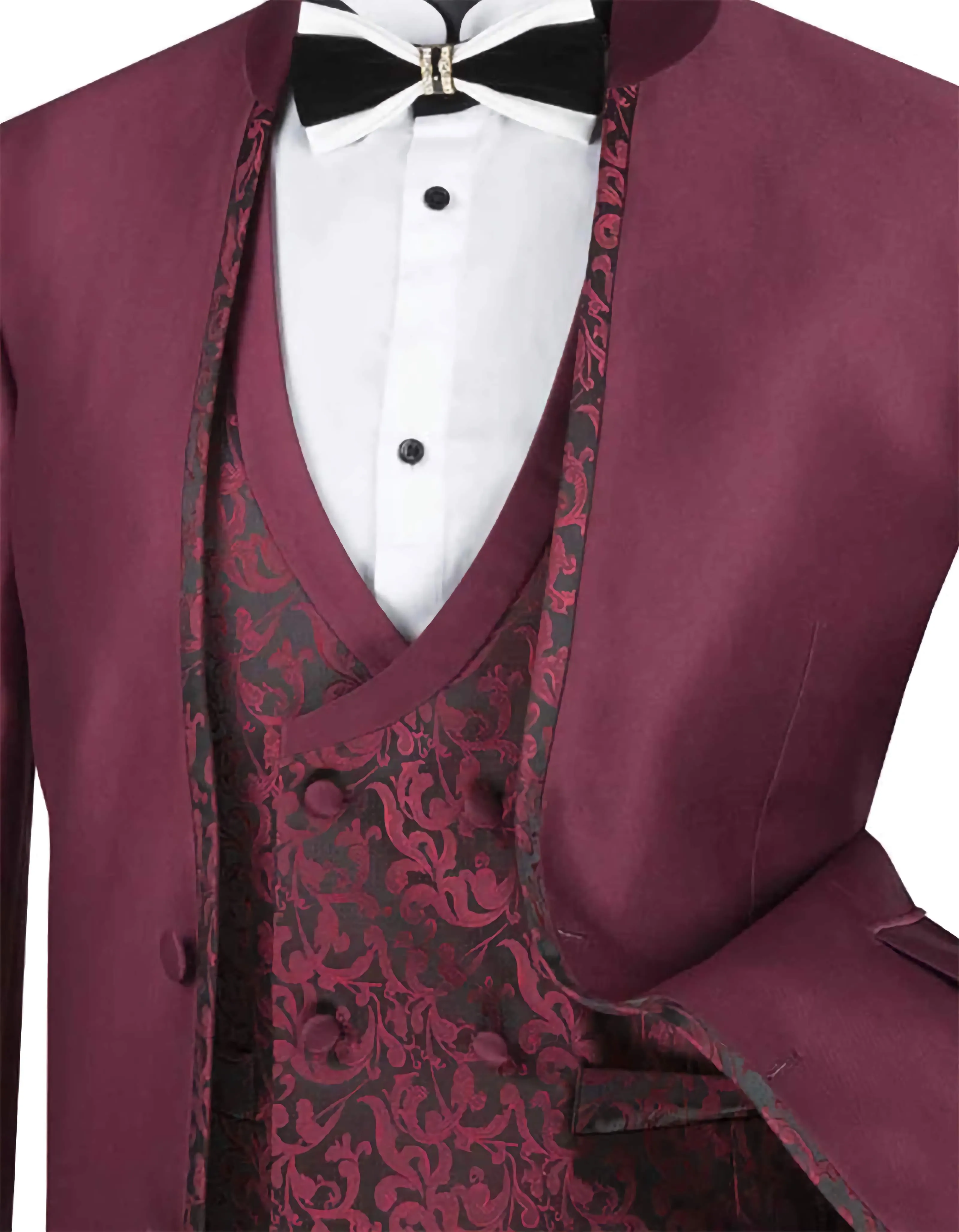 Slim Fit 3 Piece Banded Collar Shiny Sharkskin Suit in Burgundy