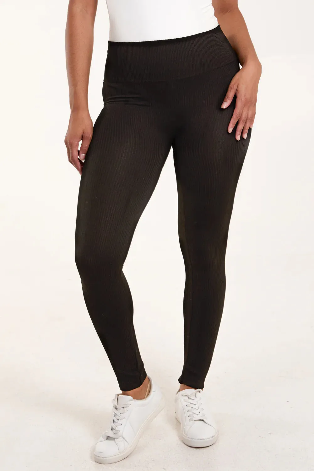 Stretchy Wide Waistband Black Ribbed Leggings