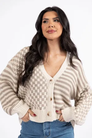 Time To Waste Beige Checkered and Striped Cardigan FINAL SALE