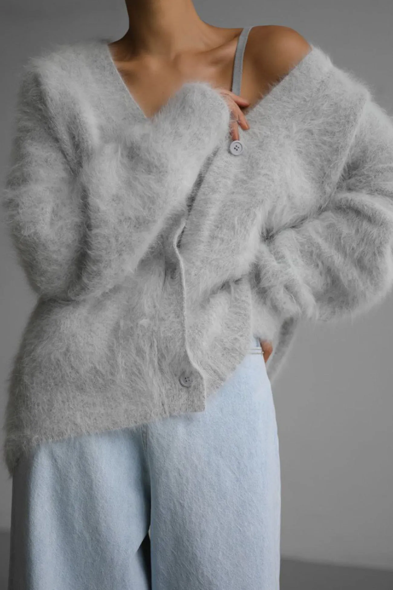 V Neck Imitation Mink Hair Cardigan