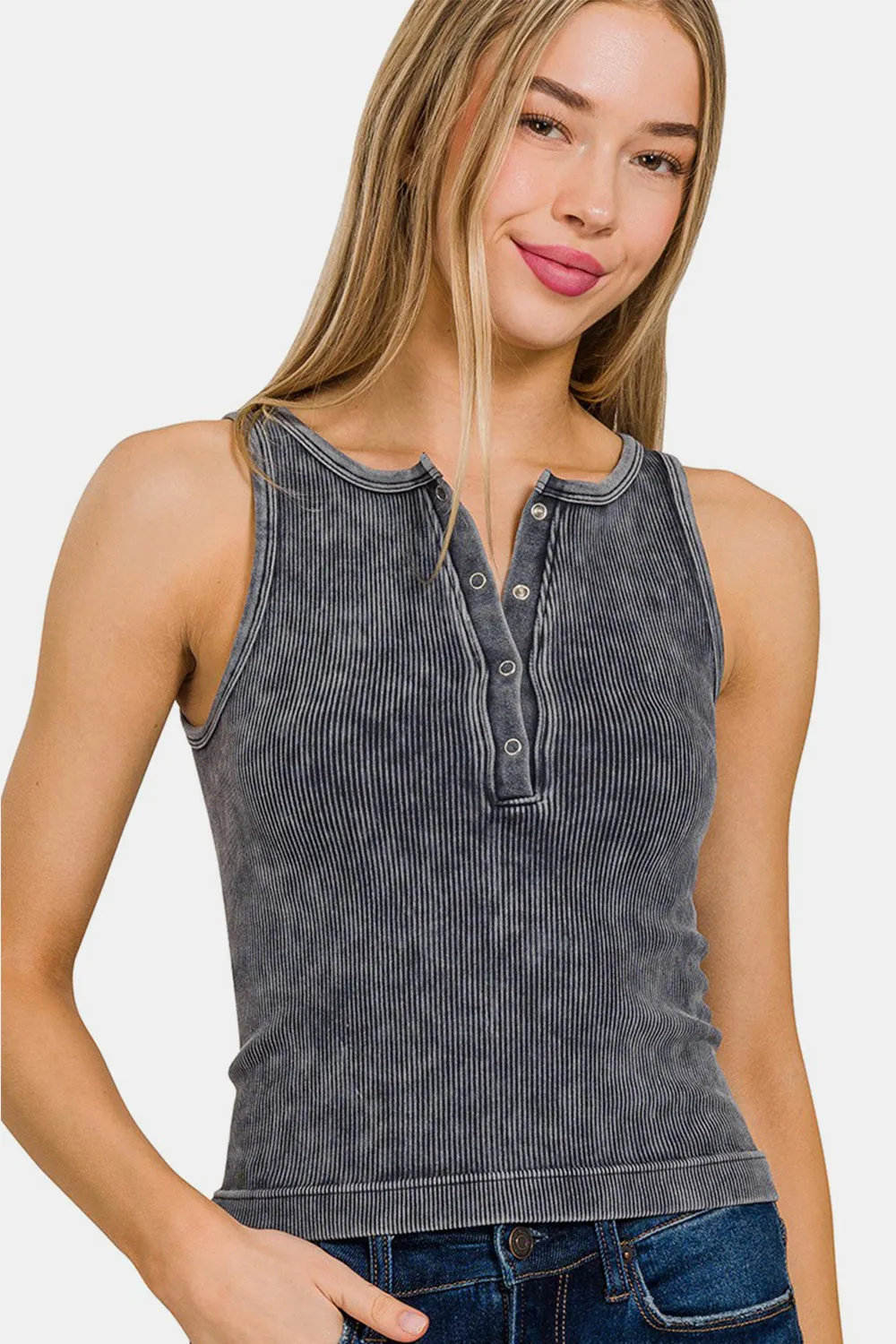 Zenana Washed Ribbed Half Snap Seamless Tank